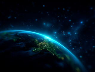 Stunning view of Earth from space, showcasing vibrant city lights and glowing atmosphere