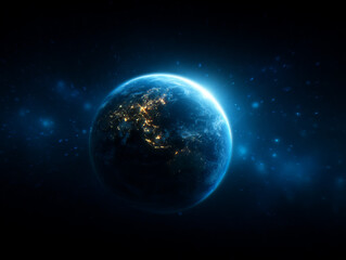 Stunning view of Earth illuminated by city lights, surrounded by cosmic atmosphere