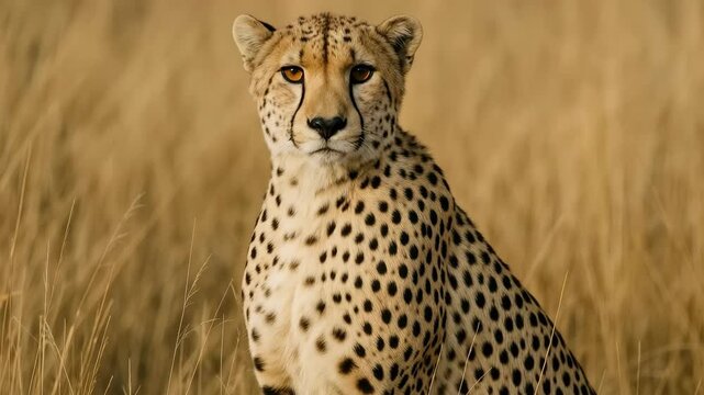 Close-up of a cheetah in a golden grassland showcasing its detailed fur pattern and intense gaze in soft natural light emphasizing the serene outdoor environment.