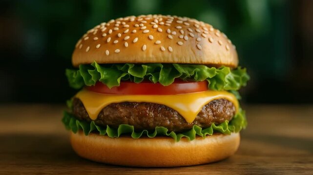 Close-up of delicious cheeseburger with fresh lettuce tomato and cheddar cheese on a wooden surface showcasing vibrant colors and textures in natural light