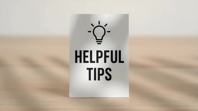 Minimalist white card with lightbulb icon displaying helpful tips set against a soft wood surface illuminated by natural light featuring consistent design throughout video duration
