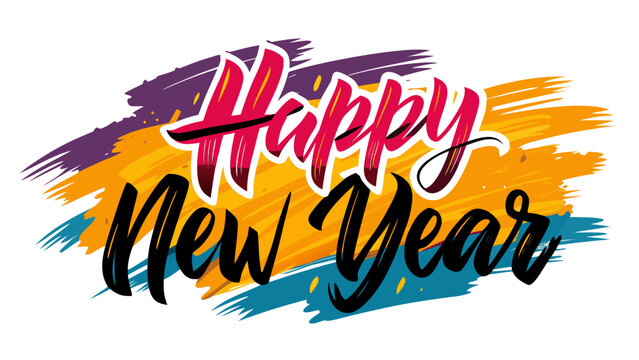 Vibrant and colorful brush stroke background with bold happy new year lettering