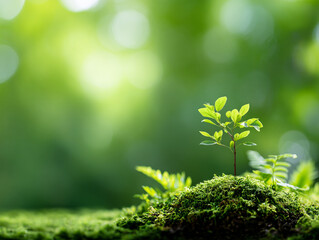 Small green plant grows on mossy surface, symbolizing new beginnings and nature resilience