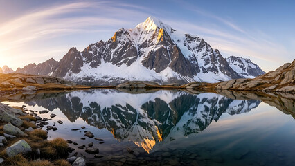 Majestic snow-capped mountain peak reflecting in a calm alpine lake at sunrise