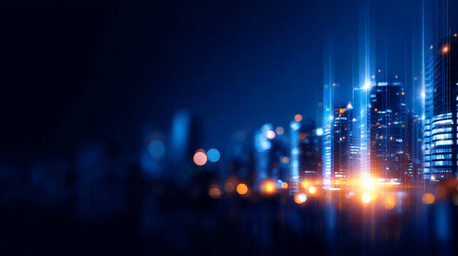 Futuristic city skyline with illuminated buildings and vibrant lights creating dynamic