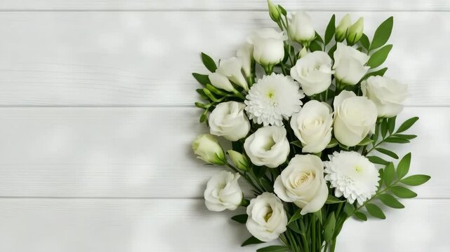Elegant white flower bouquet arranged with soft greenery featuring roses chrysanthemums and lisianthus captured in overhead view with natural light on a wooden surface