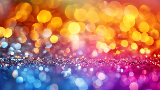 Abstract festive background with colorful glitter and bokeh lights. Sparkling texture with a vibrant gradient of blue, orange, and gold for a party or holiday celebration
