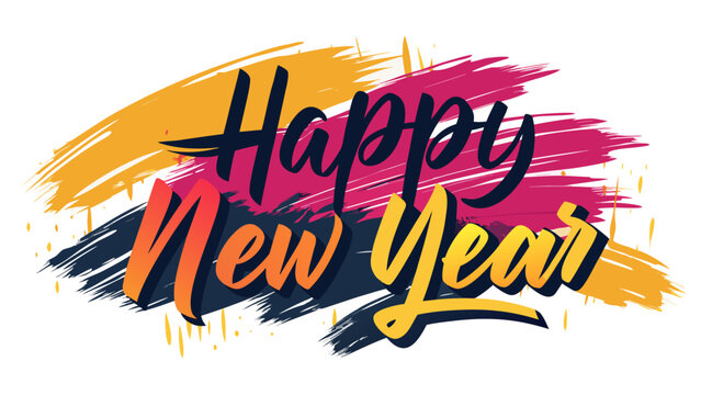Vibrant and energetic brush stroke design celebrating happy new year with bold typography and festive colors