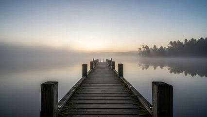 Fototapeta premium Wooden pier stretching into a mysterious misty lake at tranquil dawn light