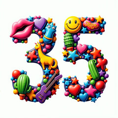Obraz premium The number 35 is decorated with various colorful elements like hearts, stars, and musical instruments on a white background, making it a fun birthday illustration.