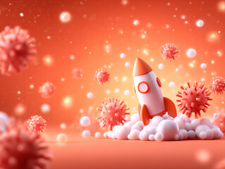 Rocket launching amidst floating virus particles symbolizes innovation and resilience