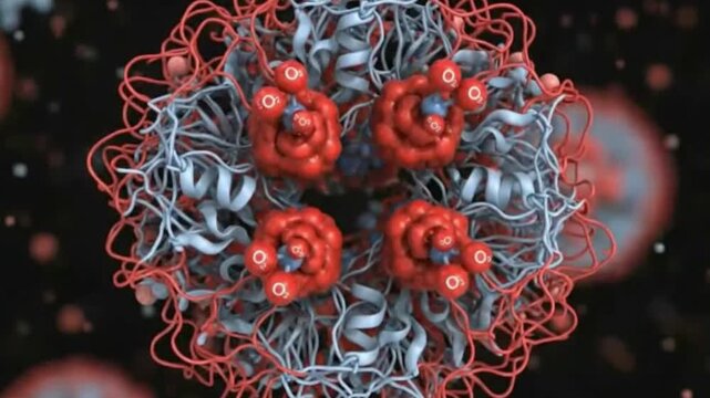 An intricate 3D animation of a complex molecular structure, featuring interwoven red and white elements, and spherical clusters representing oxygen molecules (O₂) actively binding. This detailed rende