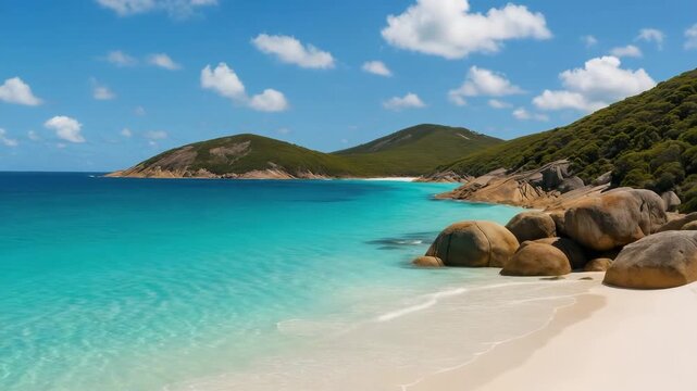 Tranquil beach coastline featuring soft white sand clear turquoise waters and rugged rocky formations under a bright blue sky with fluffy white clouds captured in three continuous frames