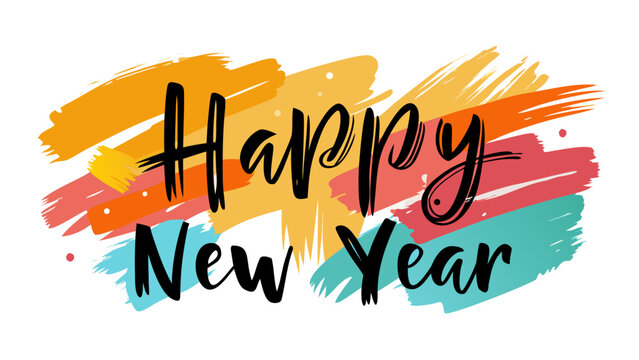Happy new year handwritten text with colorful abstract brush strokes and dots on white background
