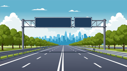 Clean vector illustration of a straight, empty highway road leading to a downtown city silhouette under a blue sky, with a blank sign for custom text © PDWN Creative