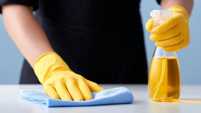 A person in yellow gloves uses a spray bottle and cloth to clean a table surface. This home cleaning image captures freshness and efficiency. Perfect for cleaning advice and home care articles. AI