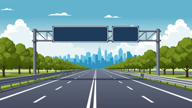 Clean vector illustration of a straight, empty highway road leading to a downtown city silhouette under a blue sky, with a blank sign for custom text