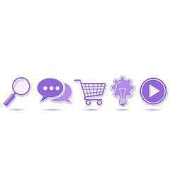 Minimalist purple line icons depicting search, communication, commerce and innovation concept