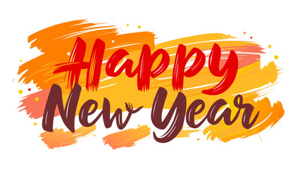 Happy new year text in bold red and brown calligraphy with abstract colorful brush strokes background