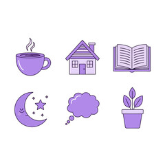 Aesthetic pastel purple icons representing comfort, home, relaxation and intellectual pursuits