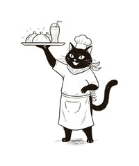 Cute restaurant waiter black cat line art illustration