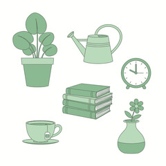 Delicate pastel green illustration depicting everyday objects for a cozy and peaceful atmosphere