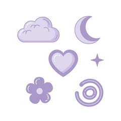 Pastel lilac dreamscape with celestial and floral elements in simple line art design