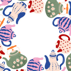 Wreath of colorful teapots with heart, stripe, floral and elegant pattern in flat style. Perfect for tea card menu or kitchen decoration isolated on a white background.