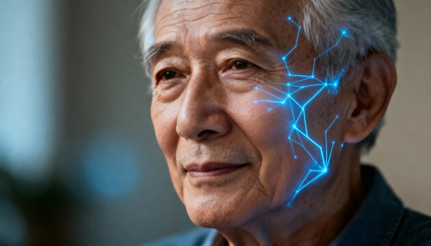 Conceptual portrait of an elderly man with digital elements - Powered by Adobe
