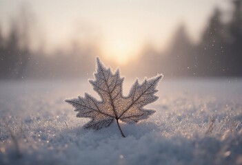 Beautiful winter background with a leaf covered with hoarfrost in nature in the snow. foggy sunrise