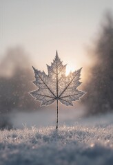 Beautiful winter background with a leaf covered with hoarfrost in nature in the snow. foggy sunrise