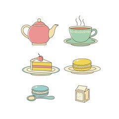 Delightful vector illustration showcasing a vintage tea time with treats and warm beverages