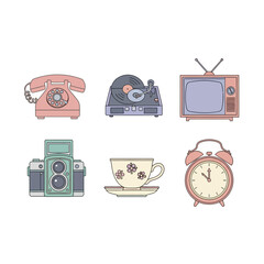 Nostalgic charm of vintage devices in a whimsical line art composition evoking retro vibes