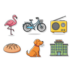 Whimsical assorted icon set featuring flamingo, bicycle, radio, loaf, dog and hotel
