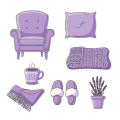 Cozy Lavender Home Decor: Harmonious Still Life of Relaxing Elements in Lilac Shades