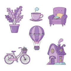 Delicate lavender dreamscape: Whimsical cartoon illustrations evoking comfort and fantasy