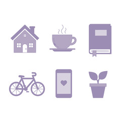 Simplified lifestyle icons depicting comfort, activity, connectivity and growth in pastel tone