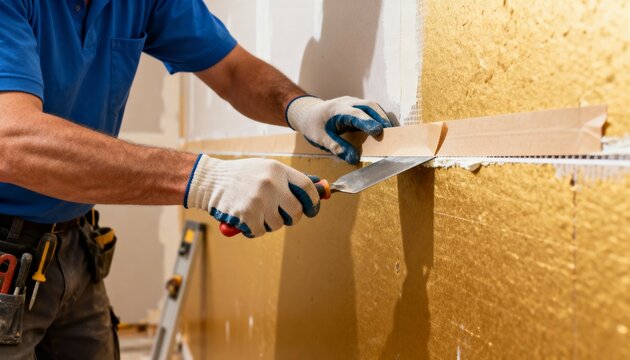 Medium shot of a worker skillfully applying paper joint tape to drywall seams highlighting precise taping technique with smooth edges and careful alignment.