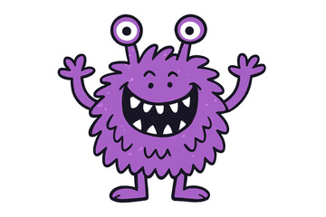 Friendly purple furry monster character with big eyes and sharp teeth smiling