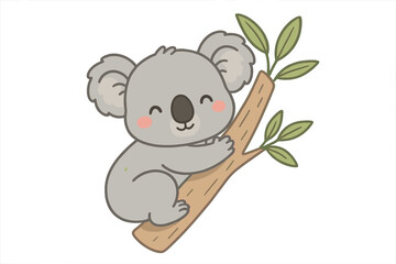 Cute koala animal hugging a eucalyptus tree branch with fresh green leaves