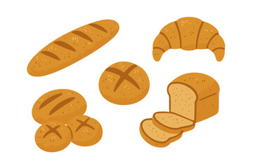 Freshly baked bread products set including baguette, croissant, loaf, and rolls