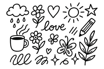 Cute black and white hand drawn icons of nature, love, and everyday objects