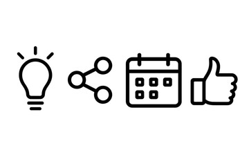 Set of four modern line symbols for idea, sharing, scheduling, and approval