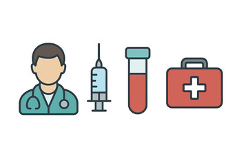 Medical symbols of doctor, syringe, blood sample tube, and first aid kit for healthcare