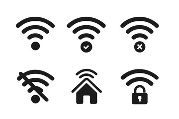 Six different wireless network connection status icons showing signal strength, security, and home access symbols