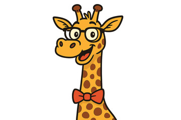 Obraz premium Happy cartoon giraffe character wearing spectacles and a red bow tie on a white background