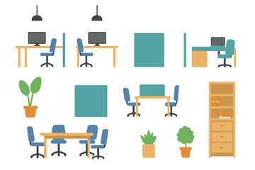 Collection of modern furniture and workspace elements including desks, chairs, tables, and plants