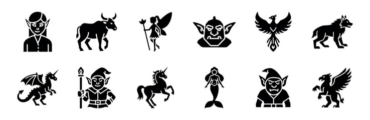 Collection of black fantasy character icons including a dragon, unicorn, elf, fairy, goblin, phoenix, griffin, and mermaid presented in a minimalist glyph silhouette style