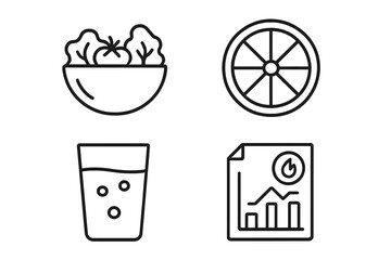 Minimalist line icons for healthy eating, fresh fruit, hydration, and performance data