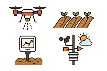 Smart farming technology icons set featuring drone spraying and weather station equipment
